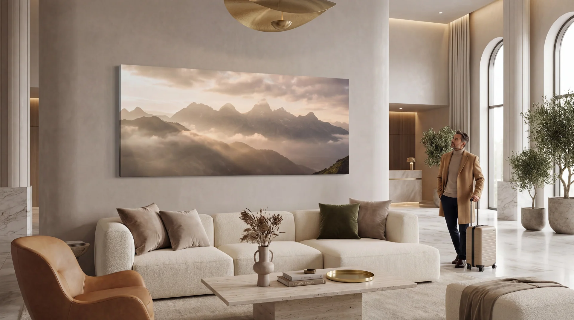 Hotel lounge with tall windows and a hung canvas