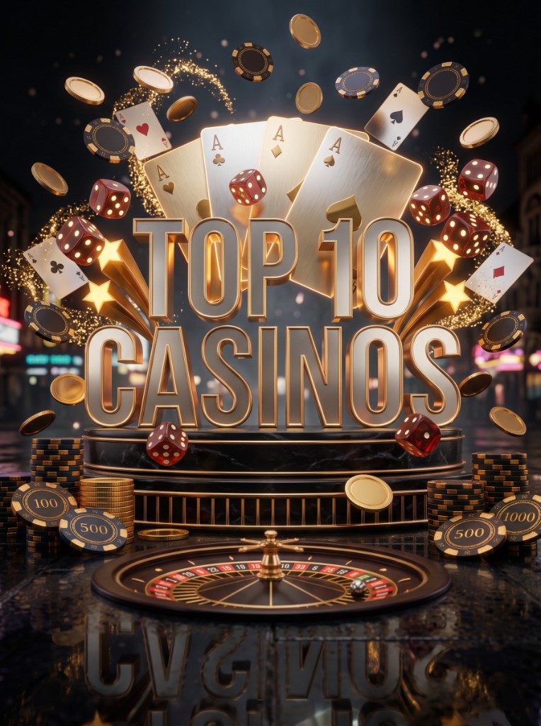 Metallic TOP 10 CASINOS stage with roulette, cards, dice and chips